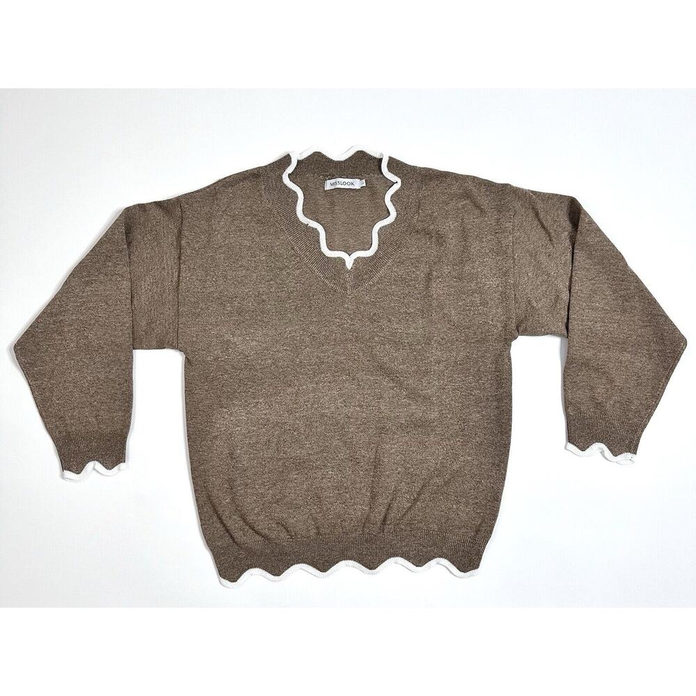 Misslook Women's Sweater Knit Wool Scalloped Neckline Hem Brown White Size L